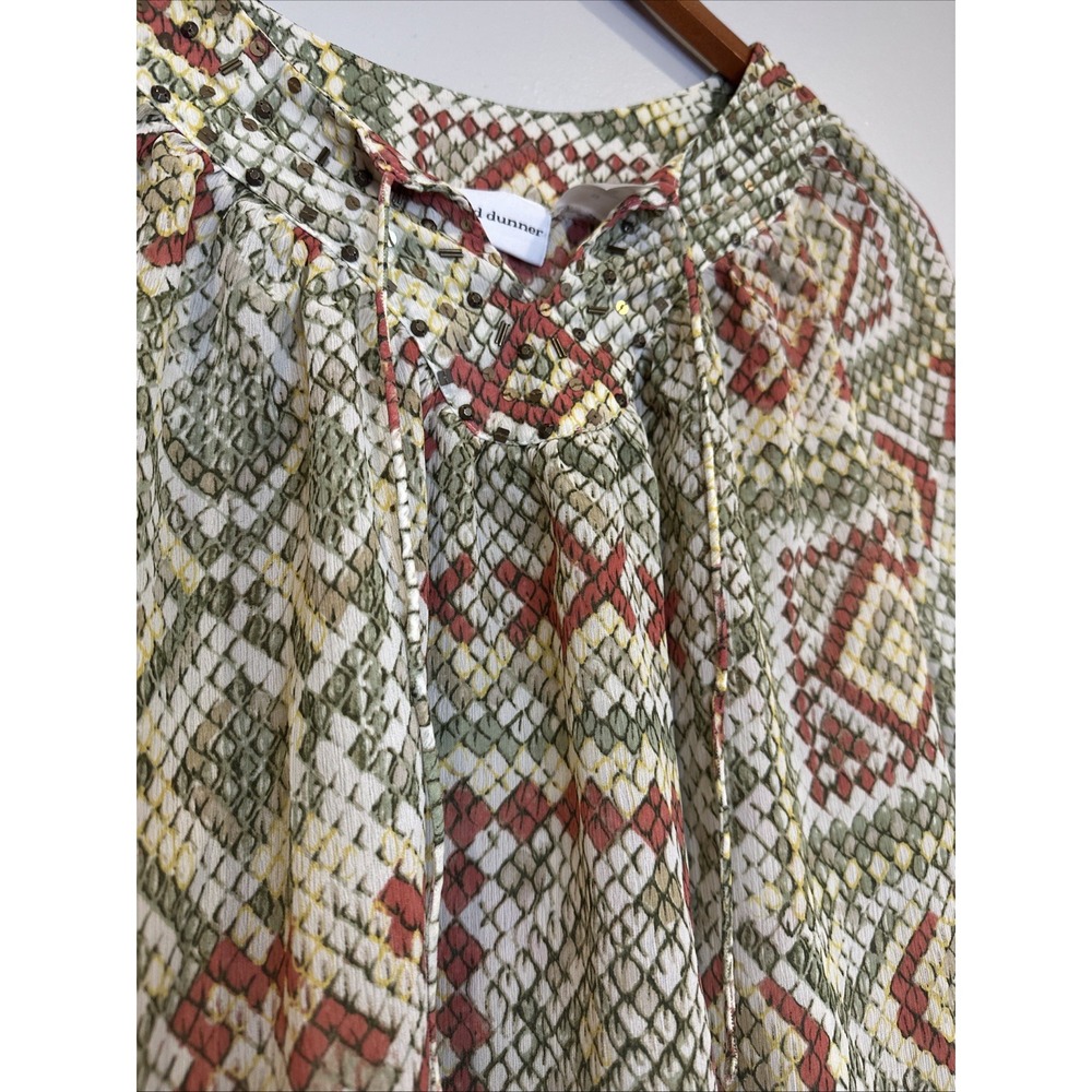 Alfred Dunner Tunic Top Womens 12 Olive & Rust Snakeskin Print‎ Beaded Front Tie - Picture 5 of 7